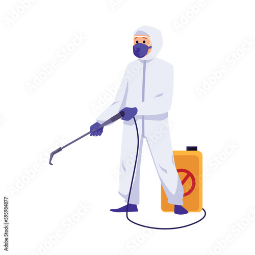 Pest control disinfector with professional equipment, flat vector isolated.