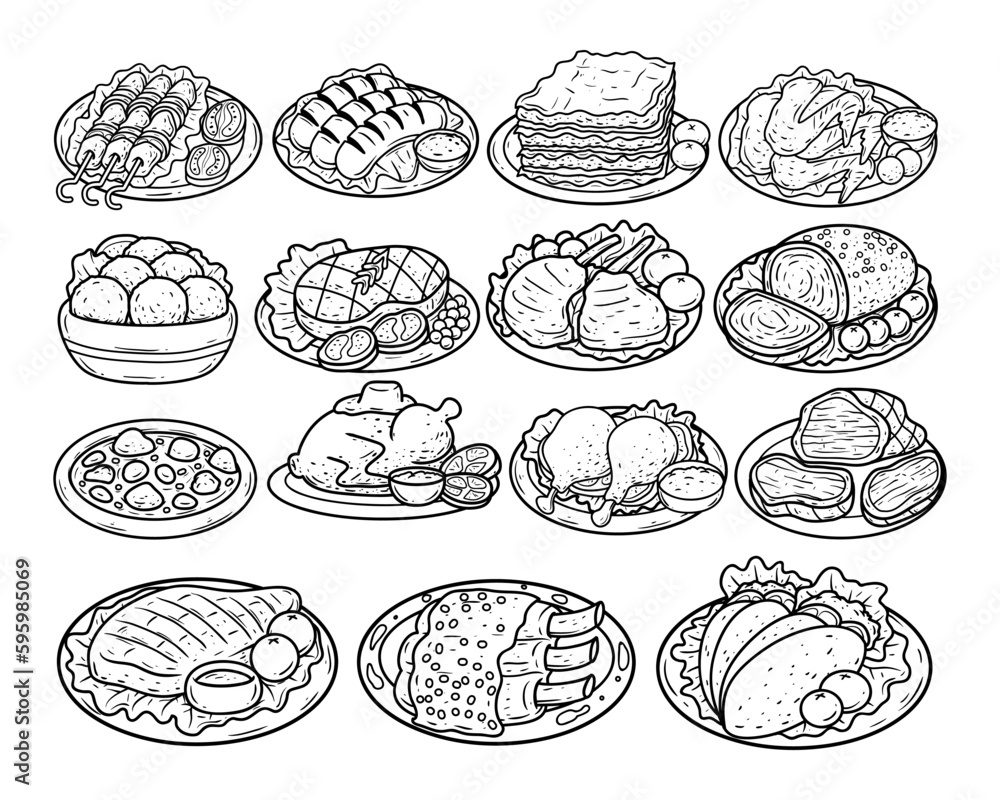 Set Of Meat Dishes Hand Drawn Outline Sketch Illustration Stock Vector set-of-meat-dishes-hand-drawn-outline-sketch-illustration-stock-vector