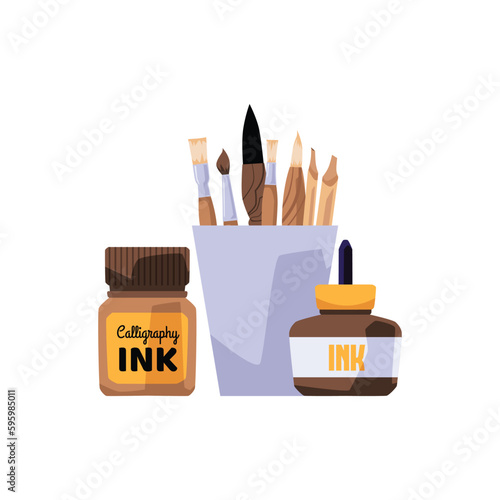 Calligraphy and lettering art supplies, flat vector illustration isolated.