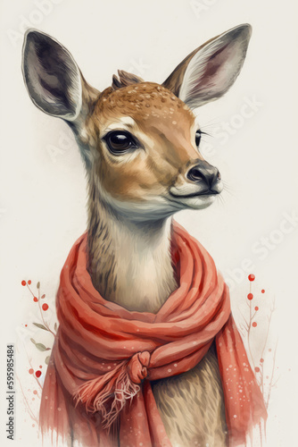 Close up of a deer with a red scarf Generative AI