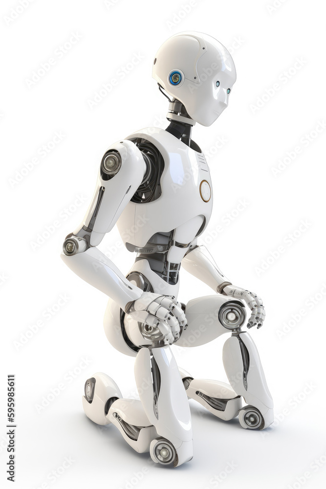 White robot kneeling isolated on a white background Generative AI