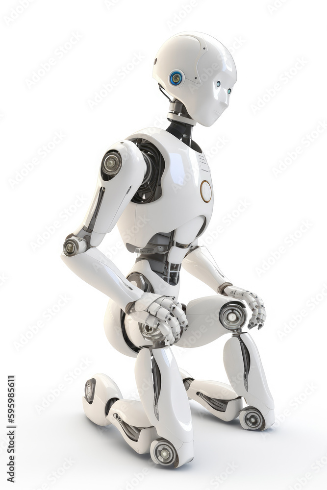 White robot kneeling isolated on a white background Generative AI White robot kneeling isolated on a white background Generative AI