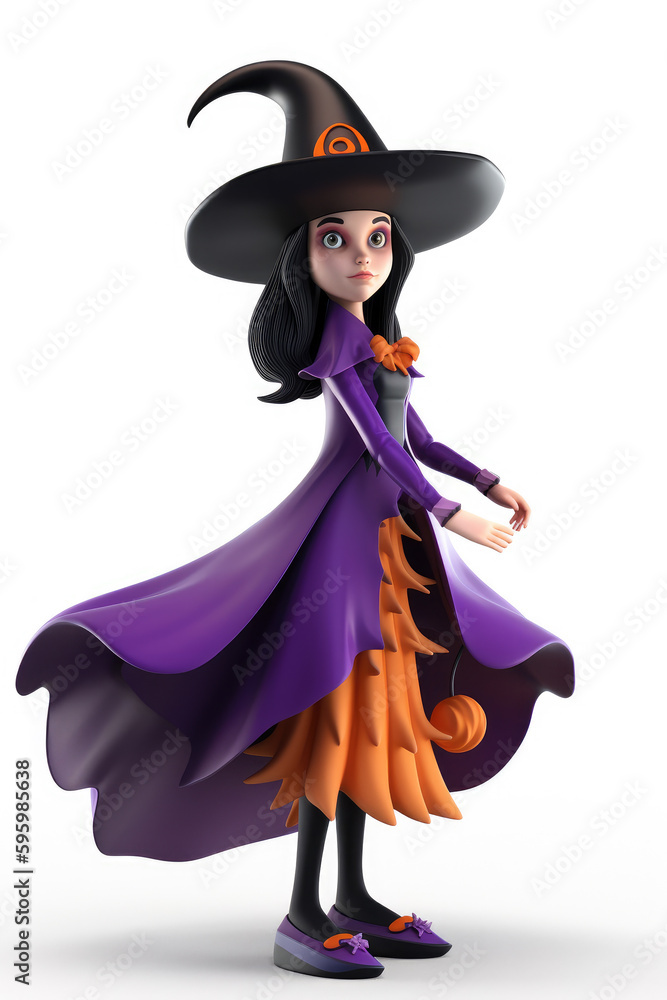 Young woman witch dressed in purple and orange cartoon character isolated on a white background Generative AI Young woman witch dressed in purple and orange cartoon character isolated on a white background Generative AI