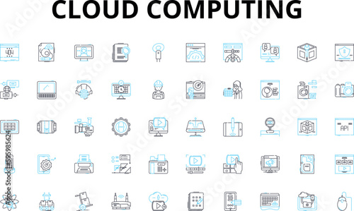 Cloud computing linear icons set. Storage, Computing, Virtualization, Scalability, Security, Nerk, Platform vector symbols and line concept signs. Efficiency,Accessibility,Deployment illustration