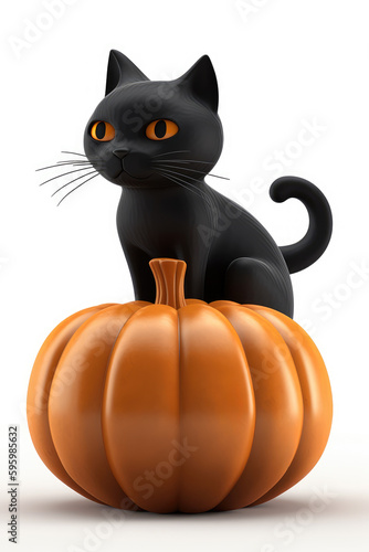 Black cat sitting on a pumpkin cartoon character isolated on a white background Generative AI