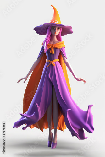 Young woman witch dressed in purple and orange cartoon character isolated on a white background Generative AI