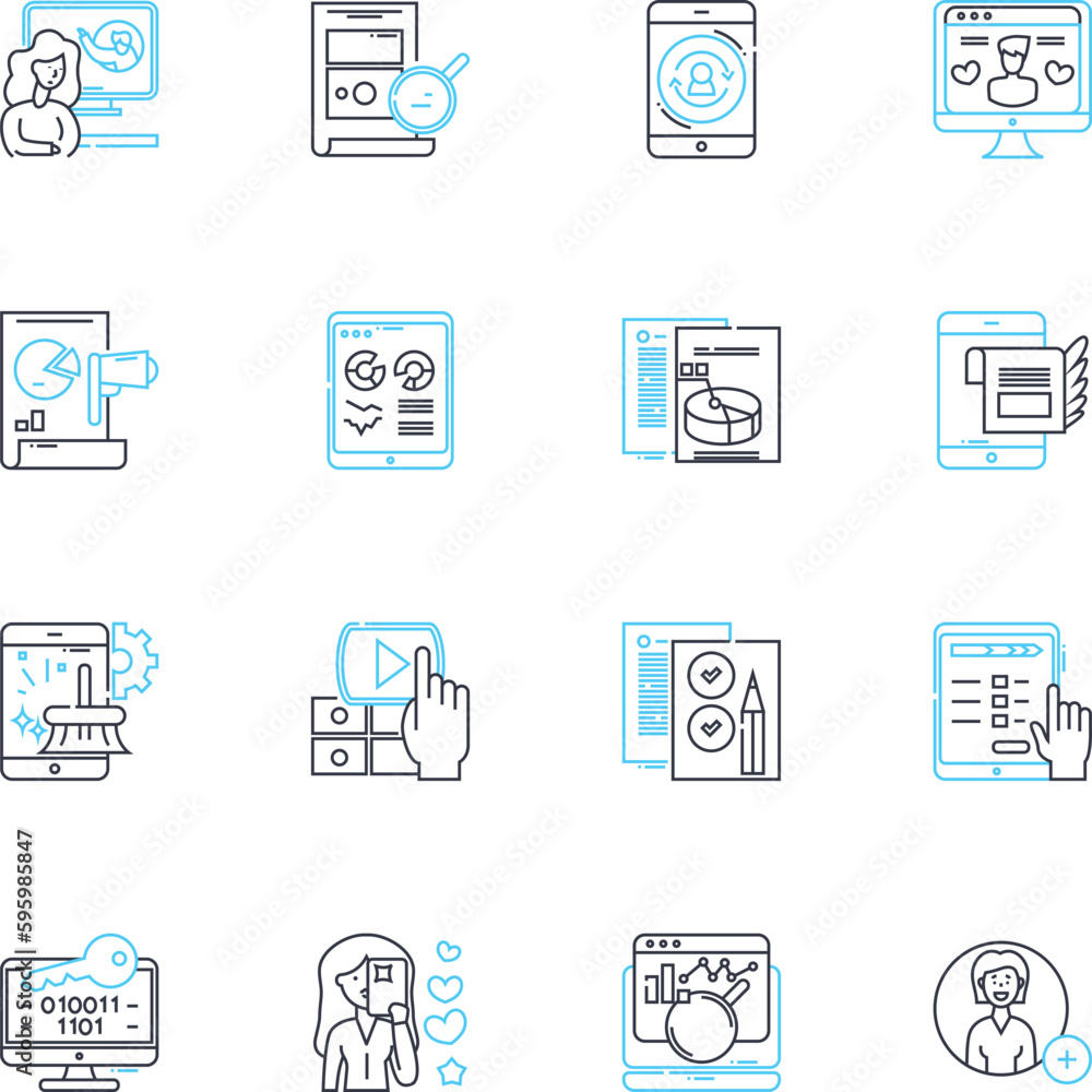 Online communication linear icons set. Messaging, Chatting, Emailing, Videoconferencing, Socializing, Nerking, Skyping line vector and concept signs. Zooming,Teleconferencing,Webchatting outline