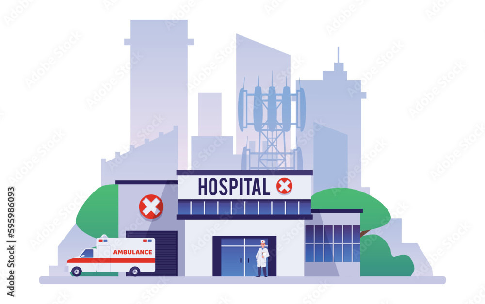 Hospital complex of clinic buildings for medical care, flat vector isolated. Hospital complex of clinic buildings for medical care, flat vector isolated.