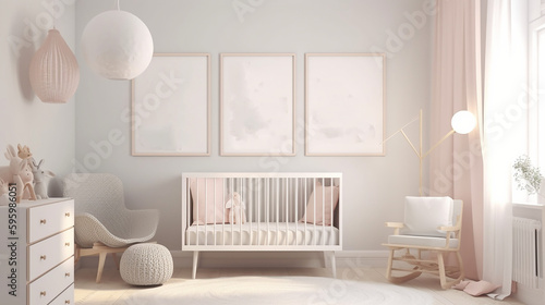 modern minimalist nursery room style. Baby room interior in light colours  generative AI