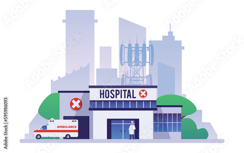 Hospital complex of clinic buildings for medical care, flat vector isolated.