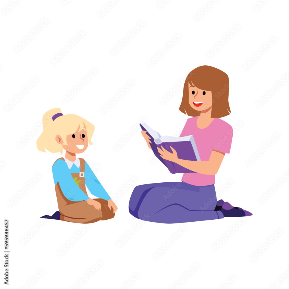 Young nanny woman reading book to child girl flat style Young nanny woman reading book to child girl flat style