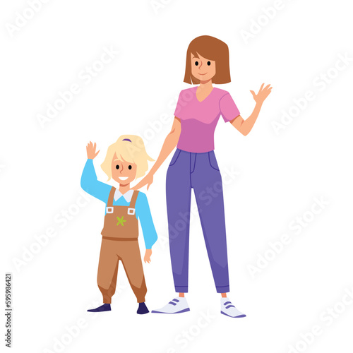 Happy waving nanny and kid girl flat style, vector illustration