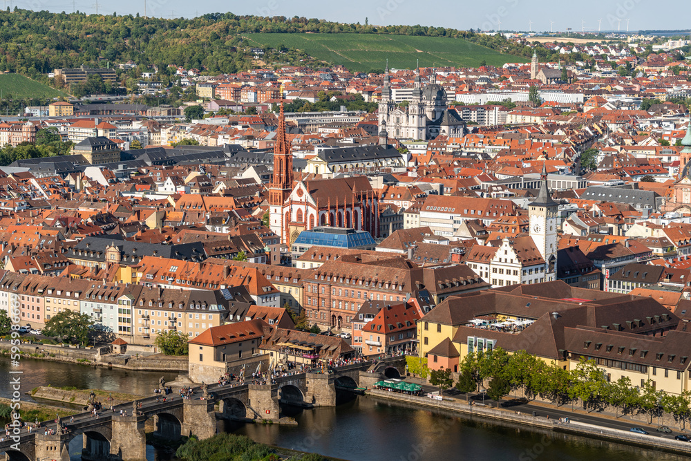 Beautiful cityscape of Wurzburg seen from Marienberg Fortress. Wurzburg is a popular tourist destination located on the Romantic Road, Bavaria, Germany