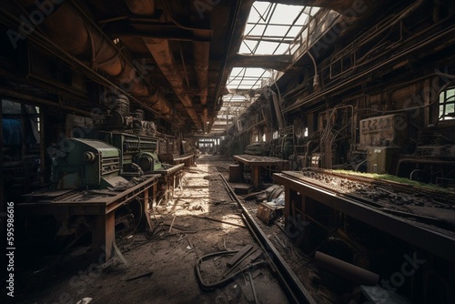 Abandoned factory with broken machines. Generative AI