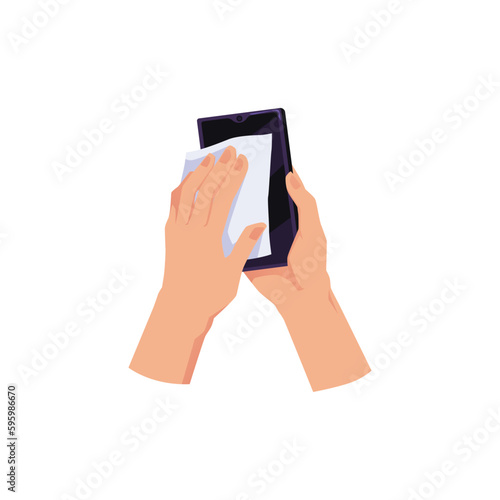Hands wiping mobile phone flat style, vector illustration