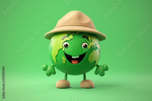 Cartoon character of globe smiling isolated on green background. Generative AI