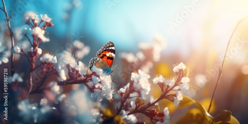 summer or spring morning nature background with fresh wild flowers and flying butterfly
