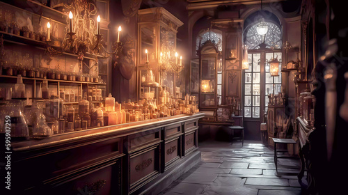 18th century France perfume shop.  Empty store with bottles and shelves on a solid wood counter.  