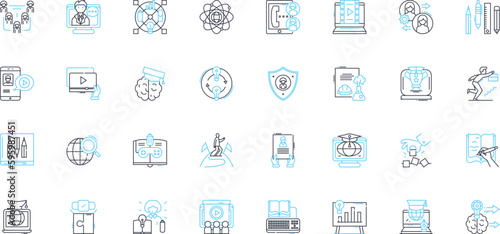 Education journey linear icons set. Learning, Growth, Exploration, Struggle, Fulfillment, Progress, Discovery line vector and concept signs. Adversity,Achievement,Knowledge outline illustrations