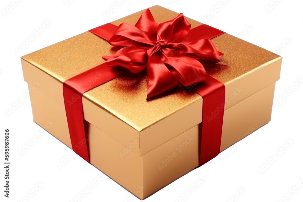 Obraz premium Art Isolated gift golden box with a red bow on a white background, transparent background