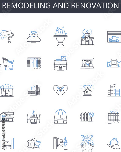 Remodeling and renovation line icons collection. Refurbishing, Revamping, Revitalizing, Restoring, Updating, Modernizing, Redecorating vector and linear illustration. Rejuvenating,Rehabilitating