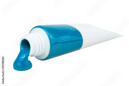 Acrylic blue paint tubes with smears, isolated on a white background