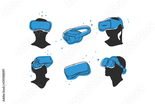 Hand drawn vector abstract graphic line art collection with virtual reality technology headset devise and human silhouette. Human in virtual reality headset outline design. Concept of virtual reality.
