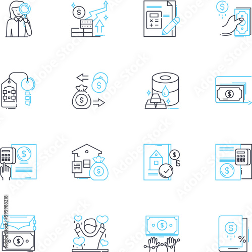 Risk analysis linear icons set. Probability, Exposure, Impact, Threat, Vulnerability, Mitigation, Assessment line vector and concept signs. Consequence,Contingency,Acceptable outline illustrations