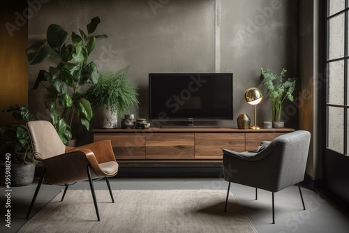 A modern living room with a TV cabinet, armchair, lamp, table, flower and plant, against a concrete wall. Generative AI