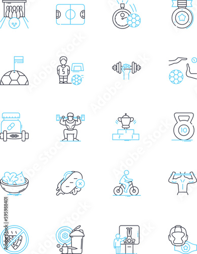 Rugby linear icons set. Tackle, Scrum, Ruck, Maul, Try, Conversion, Touchline line vector and concept signs. Lineout,Forward,Backward outline illustrations
