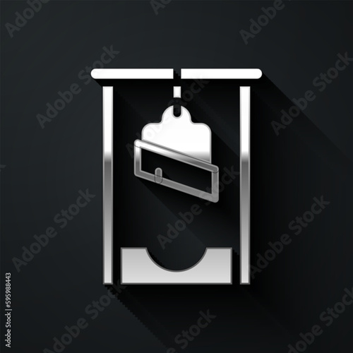 Silver Guillotine medieval execution icon isolated on black background. Long shadow style. Vector