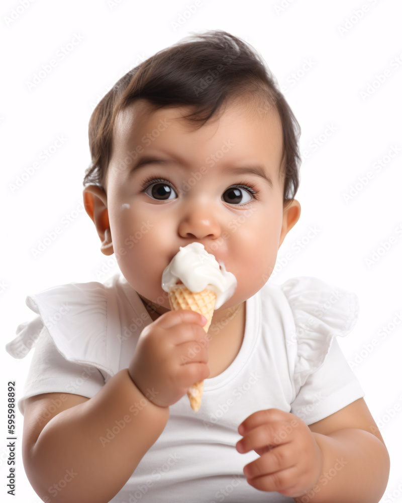 Baby trying ice cream. Isolated on white background. Baby trying ice cream. Isolated on white background.