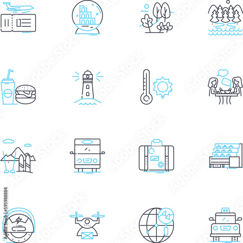 Trips linear icons set. Adventure, Safari, Excursion, Expedition, Trek, Road trip, Vacation line vector and concept signs. Journey,Tour,Weekend outline illustrations