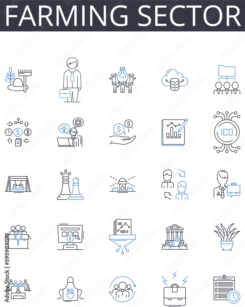 Farming sector line icons collection. Agricultural industry, Cultivation sphere, Harvesting domain, Ranching business, Tillage realm, Agronomy field, Livestock sector vector and linear illustration