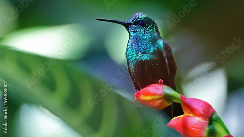 Bronze-tailed plumeleteer perched on red flowers, Costa Rica photo