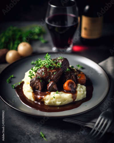 Beef Bourguignon with Mashed Potatoes and Red Wine