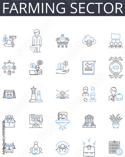 Farming sector line icons collection. Agricultural industry, Cultivation sphere, Harvesting domain, Ranching business, Tillage realm, Agronomy field, Livestock sector vector and linear illustration