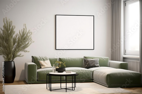 Contemporary living room interior with poster frame mockup. created with Generative AI