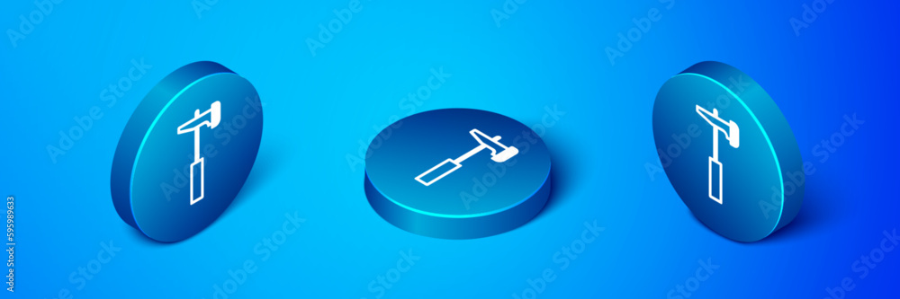 Isometric Hammer icon isolated on blue background. Tool for repair. Blue circle button. Vector Isometric Hammer icon isolated on blue background. Tool for repair. Blue circle button. Vector