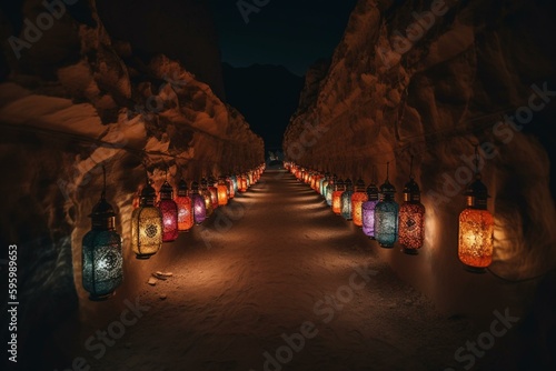 A historic road lined with colorful lanterns in At-Turaif, a UNESCO heritage site in Diriyah, Saudi Arabia. Generative AI photo