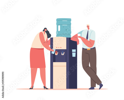 Man And Woman Characters Quench Thirst Near Office Cooler, Taking Break From Work To Hydrate And Refresh, Illustration