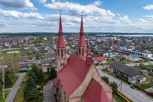 aerial view on baroque or gothic temple or catholic church in countryside