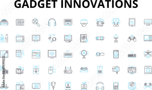 Gadget innovations linear icons set. Smartwatch, Augmented, Virtual, Automated, Intelligent, Wearables, Nanotechnology vector symbols and line concept signs. Drs,G,Holographic illustration