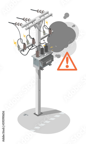 Explosion Old transformer Problem of voltage Factory Electric Energy Distribution Chain work at height repair of power lines isometric isolated symbols vector