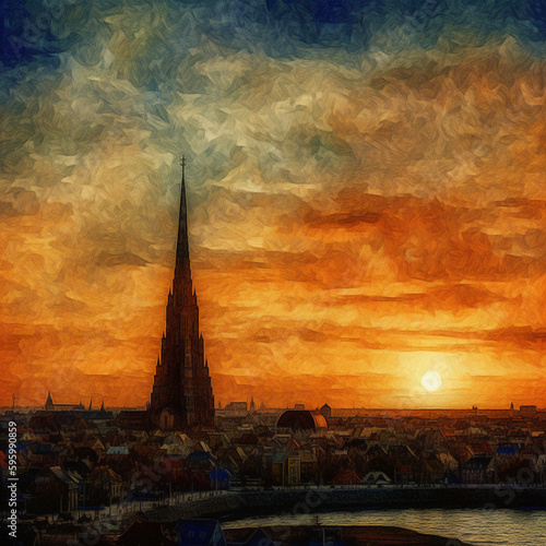 The Skyline Of Hallgrimskirkja - Masterpiece Of Vincent Van Gogh Style
