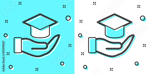 Black line Education grant icon isolated on green and white background. Tuition fee, financial education, budget fund, scholarship program, graduation hat. Random dynamic shapes. Vector