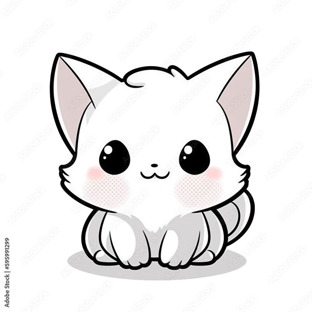 White cute cat Super Deformed or Chibi isolated on white background. Generative Ai illustration. White cute cat Super Deformed or Chibi isolated on white background. Generative Ai illustration.