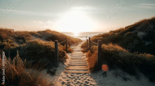 Beach holiday by the sea with a beautiful wooden walkway that leads through the dunes. Sunet motive. Generative AI 