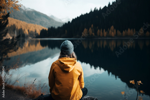 person sitting next to a  lake, wearing yellow jacket and hat. Generative Ai © Zenturio Designs