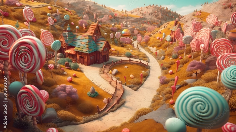 A whimsical candy land with gingerbread houses and lollipop trees
